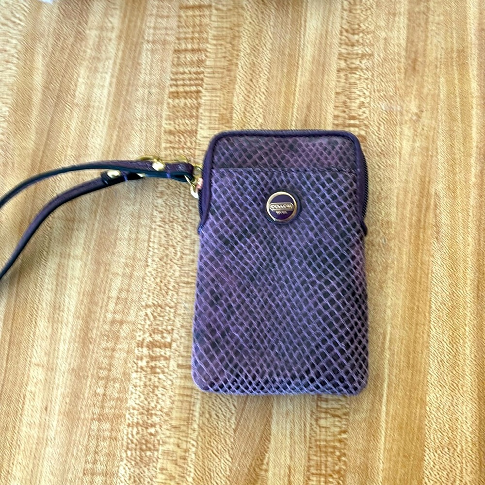 LIKE New Coach 2014 FAUX SNAKESKIN LEATHER PURPLE PHONE CASE AND WALLET.